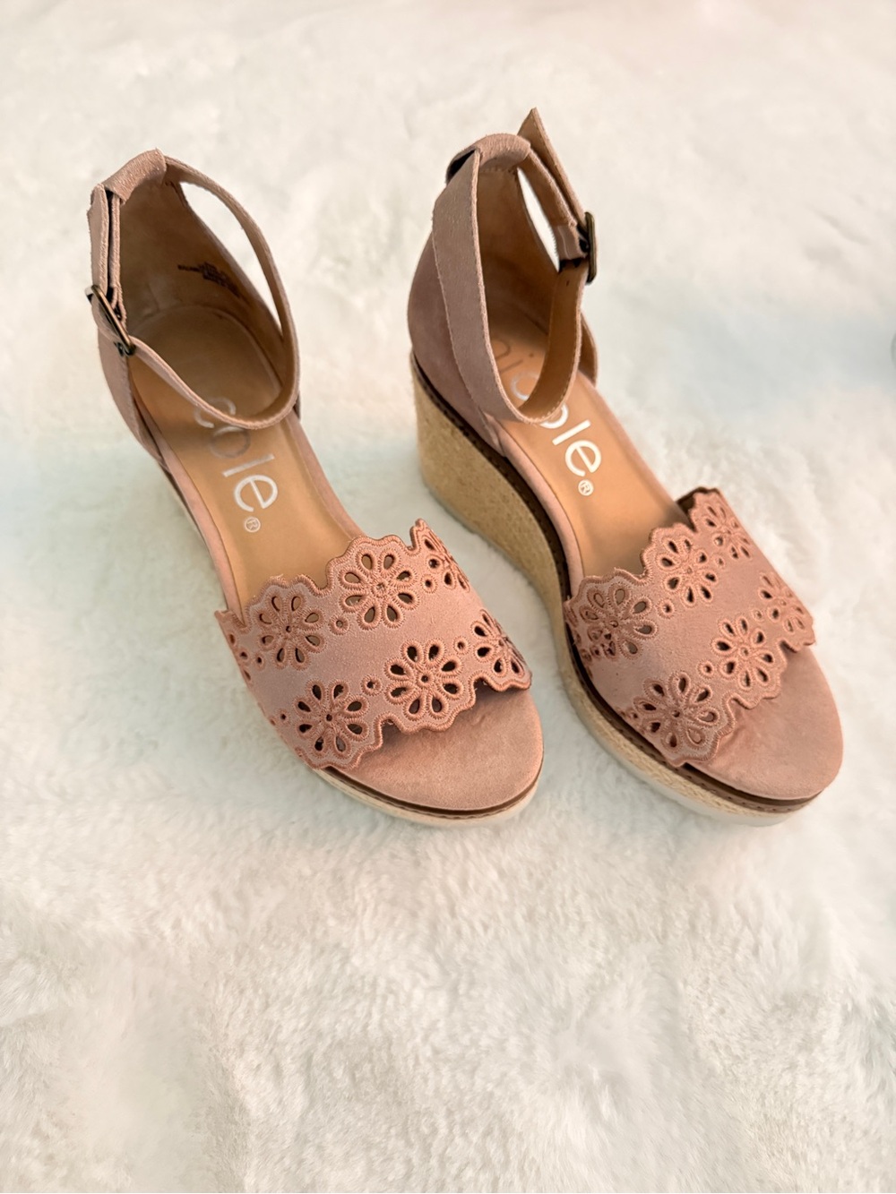 Nicole by Nicole Miller Mauve Laser-Cut Suede Wedge Sandals